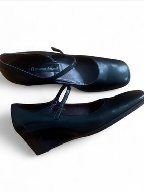 Etienne Aigner Black Leather Mary Jane Wedge Pumps